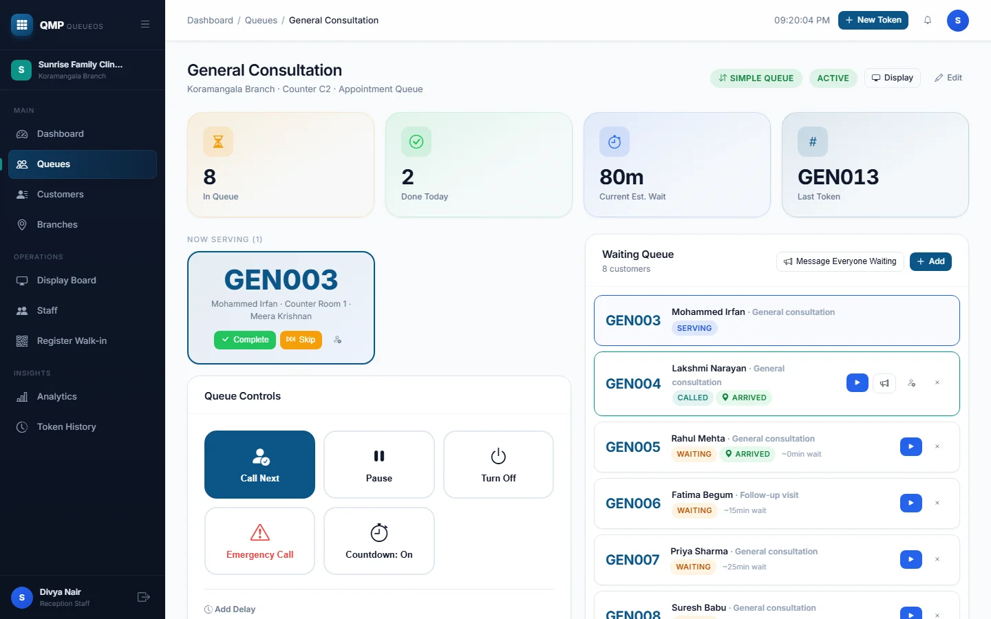 The staff console: who is being served, who is waiting, and a Call Next button