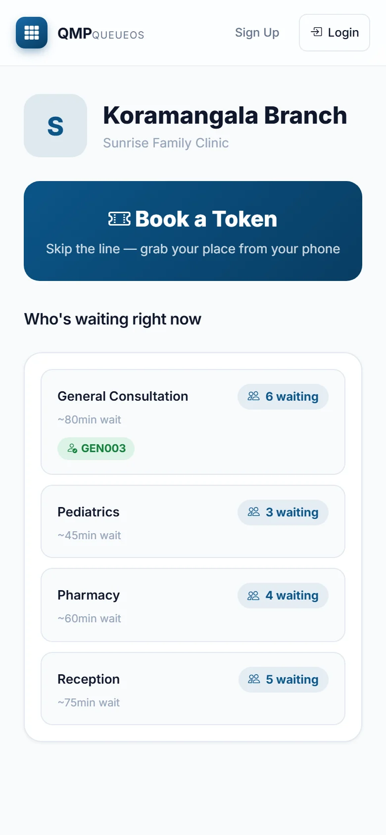 The business page after scanning the QR code: a Book a Token button and who is waiting right now