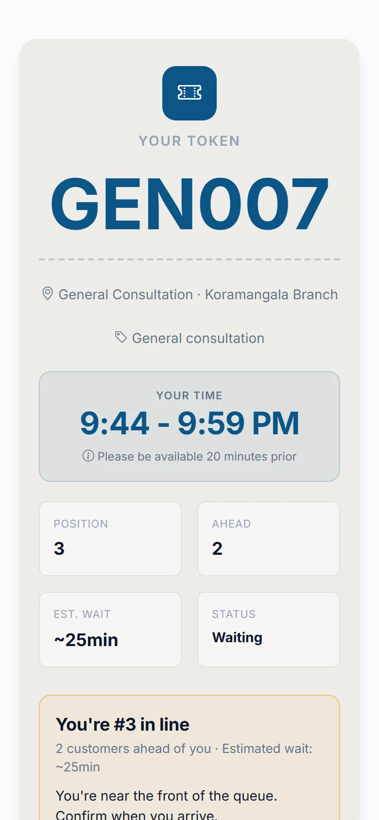 A customer phone showing token GEN007, position 3 in line, 2 people ahead and about a 25 minute wait